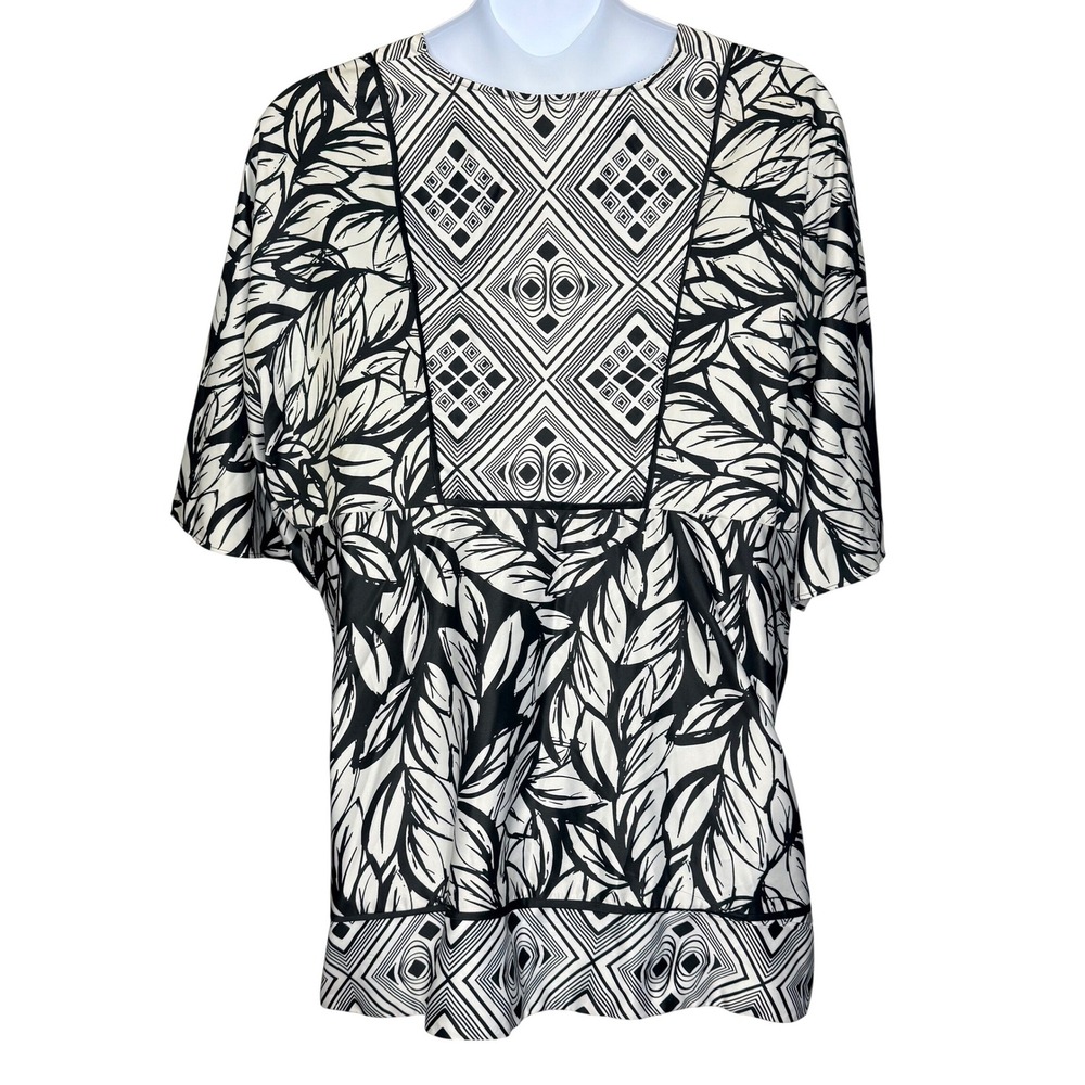 Lane Bryant Blouse Kimino 26/28 Black White Geometric Leaf Print Boho Office - Picture 2 of 7